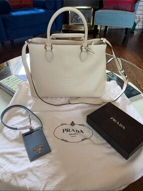 Prada White/Cream Leather Tote with Removable Strap Brand New With Tags
